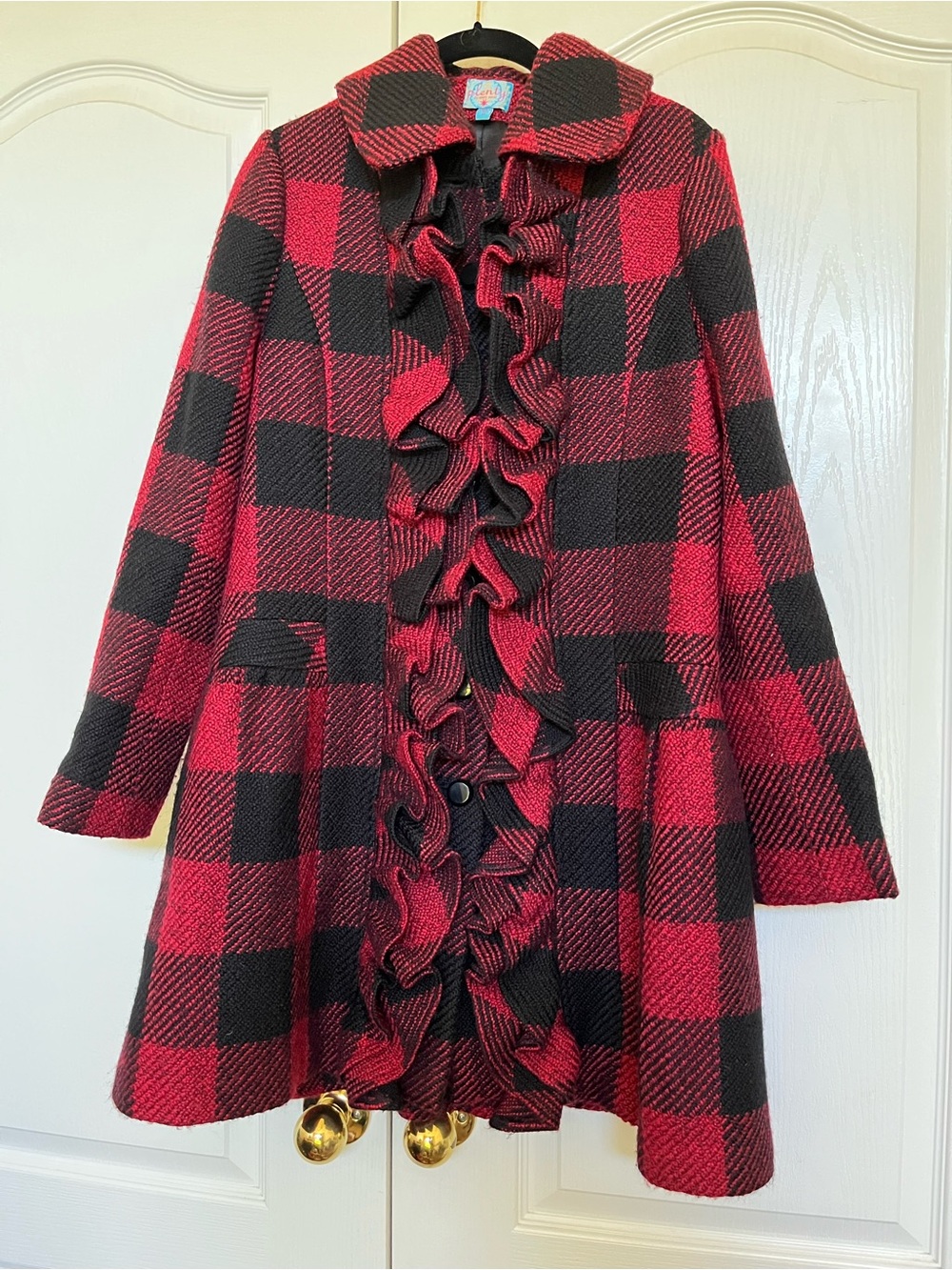 Plenty by Tracy Reese Red and Black Plaid Coat with Ruffle Trim
